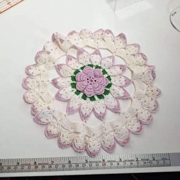 Hand Crocheted Lace Doily Flower Lavender White Green Purple Cotton 10 Inch - Picture 5 of 14